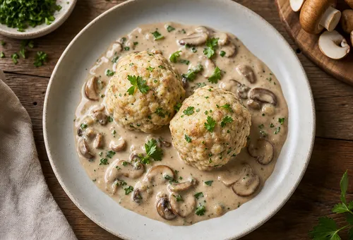 Semmelknödel mit Pilzrahmsoße, günstiges Rezept zur Resteverwertung